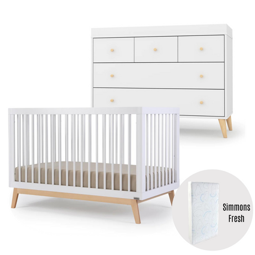 Dadada Soho Crib(White/Natural) + Austin Dresser(White/Natural) + Simmons Fresh Mattress Bundle