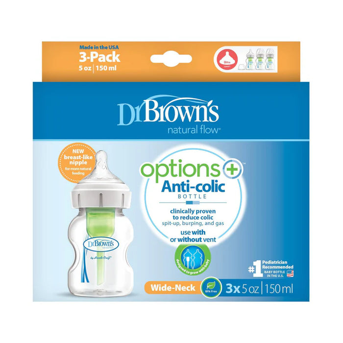 Dr Brown Options + Newborn Bottle Wide - Neck 150ml/5oz 3pk