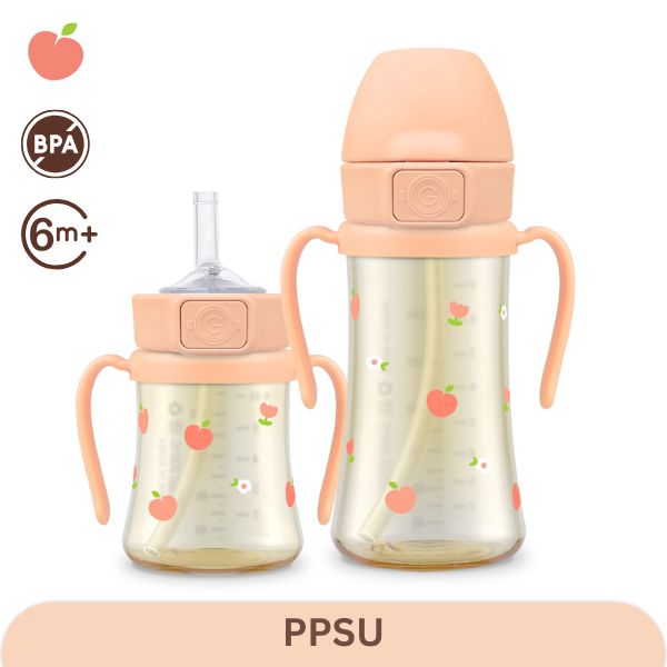 Grosmimi PPSU Straw Cup With Steel Free One Touch Cap - Peach Flower 300ml