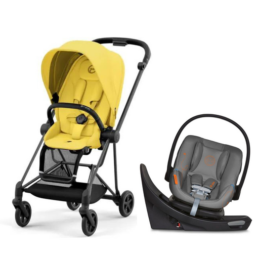 Cybex Mios3 Matte Black Frame with Mustard Yellow Seat & Aton G Swivel Infant Car Seat - Lava Grey