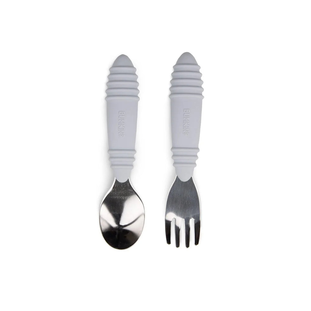 Bumkins Stainless Steel Spoon + Fork Grey