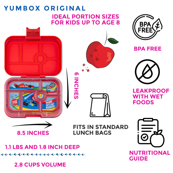 Yumbox Original 6 Compartment - Roar Red w/ Race Cars Tray