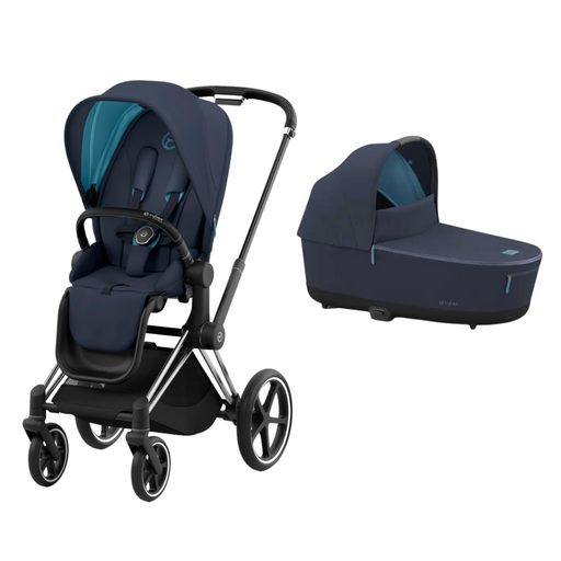 Cybex Priam 4 Stroller - Chrome Frame with Nautical Blue Seat + Carry Cot Bundle