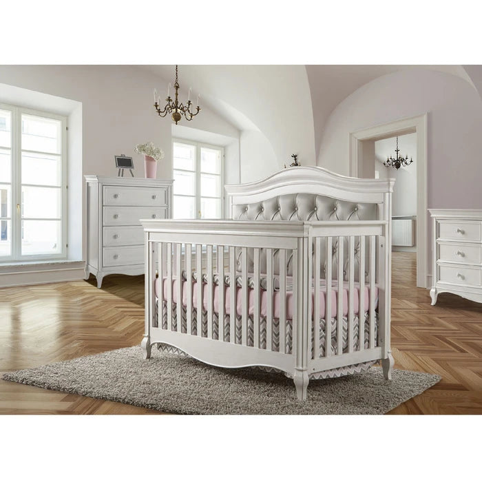 Pali Diamante Forever Crib with Grey Vinyl Panel Vintage White Mark CanaBee Baby