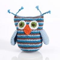 Babylonia Pebble Soft Handmade Owl Rattle - Blue/Brown Stripy