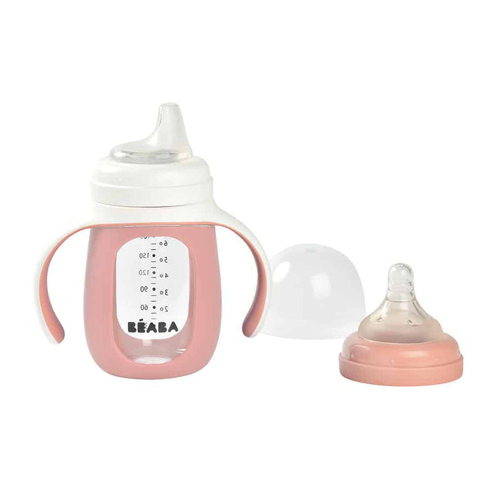 Beaba 2-in-1 Glass Training Bottle - Rose/Pink
