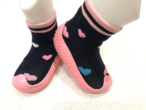 Tickle Toes Skid Proof Shoes - Pink Sole & Navy Socks with Hearts (7858)