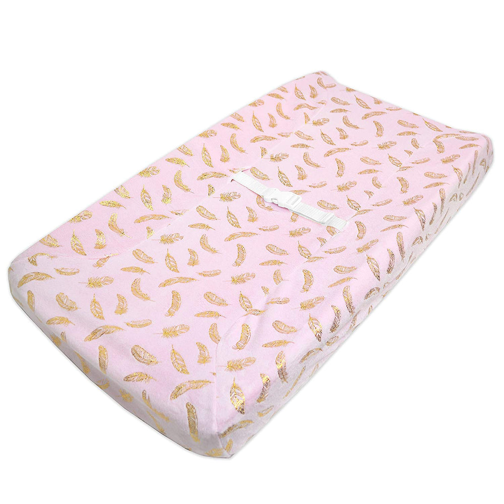 Heavenly Soft Chenille Changing Pad Cover - Pink/Gold Feather