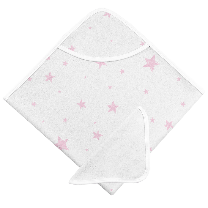 Kushies Hooded Bath Towel & Washcloth Set - Pink Scribble Stars (B568-604)
