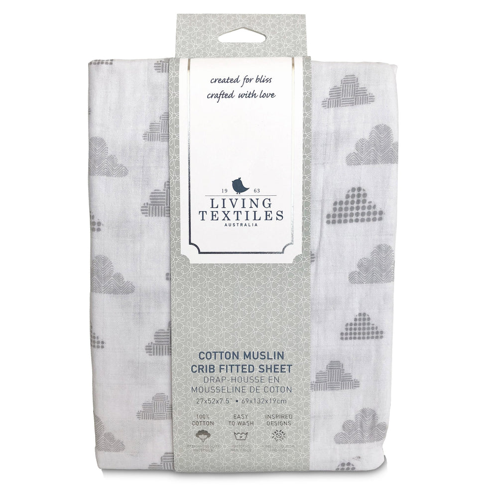 Living Muslin Crib Fitted Sheet Grey Clouds 101187