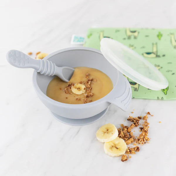 Bumkins Silicone First Feeding Set with Lid & Spoon - Grey