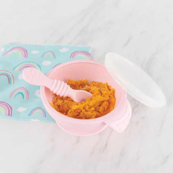 Bumkins Silicone First Feeding Set with Lid & Spoon - Pink