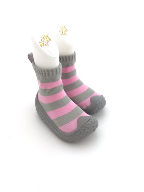 Kids on the Go Skid Proof Shoes - Pink & Grey Stripes (7677)