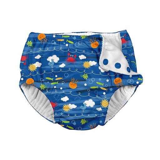 I Play by Green Sprouts Ruffle Snap Swimsuit Diaper Royal Blue Sea Friends