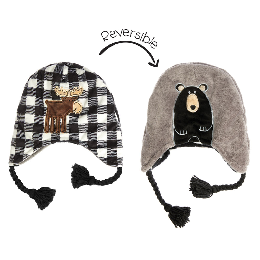 Flapjack Kids Reversible Winter Hat Black Moose/Black Bear
