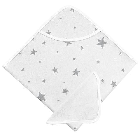 Kushies Hooded Bath Towel & Washcloth Set - Grey Scribble Stars (B568-607)