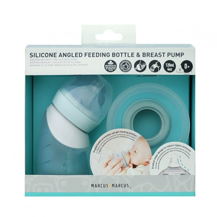 Marcus&Marcus Silicone Angled Bottle&Breast Pump - Mint 120ml MNMNU13-GN